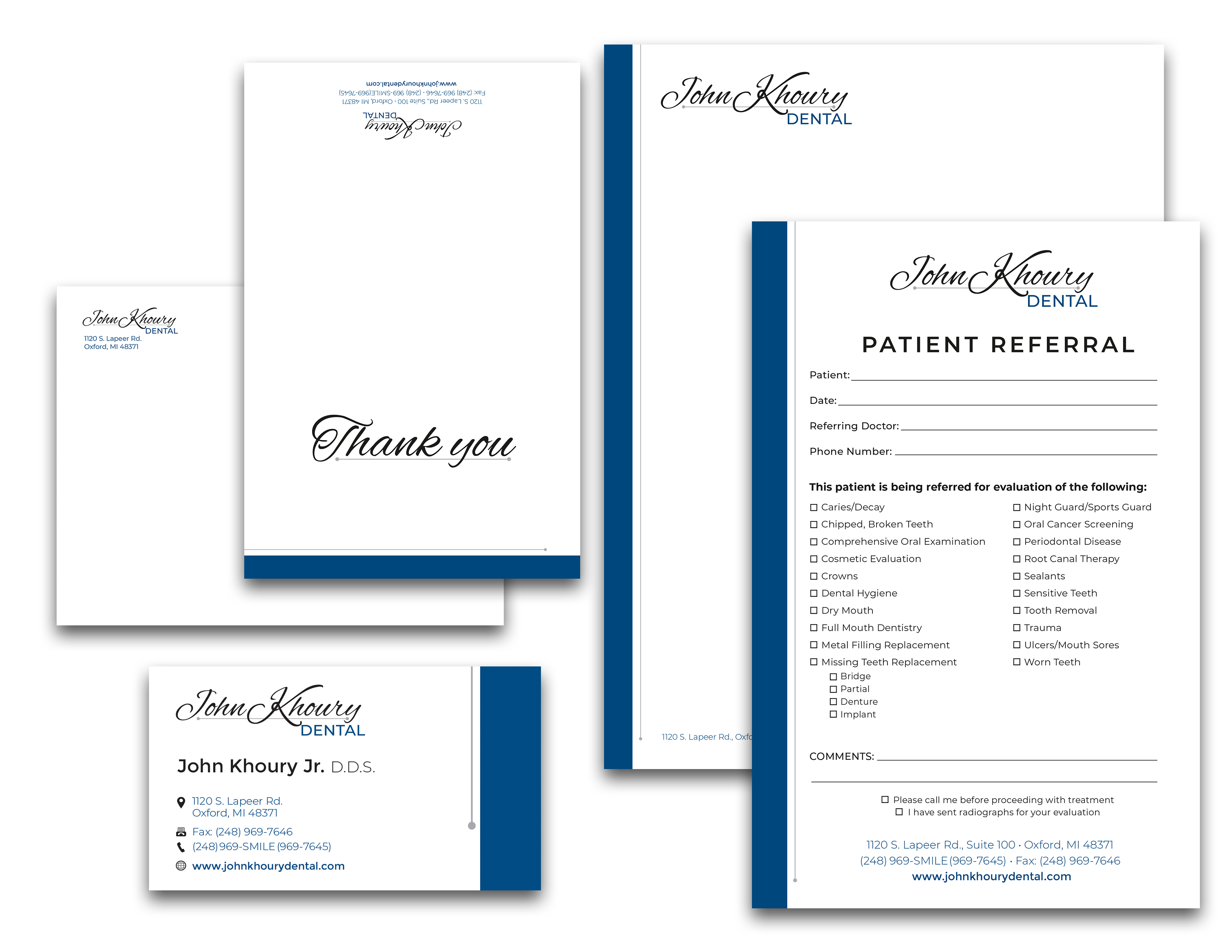 business cards, thank you notes and small envelopes, patient referral pad, letterhead