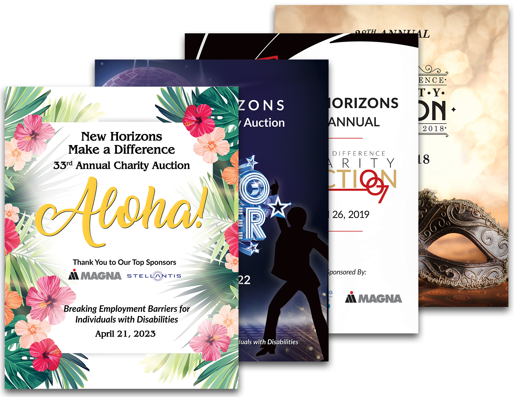 Program Book covers from 4 years – Aloha (2023), 007 theme (2019), Disco (2022), 2018